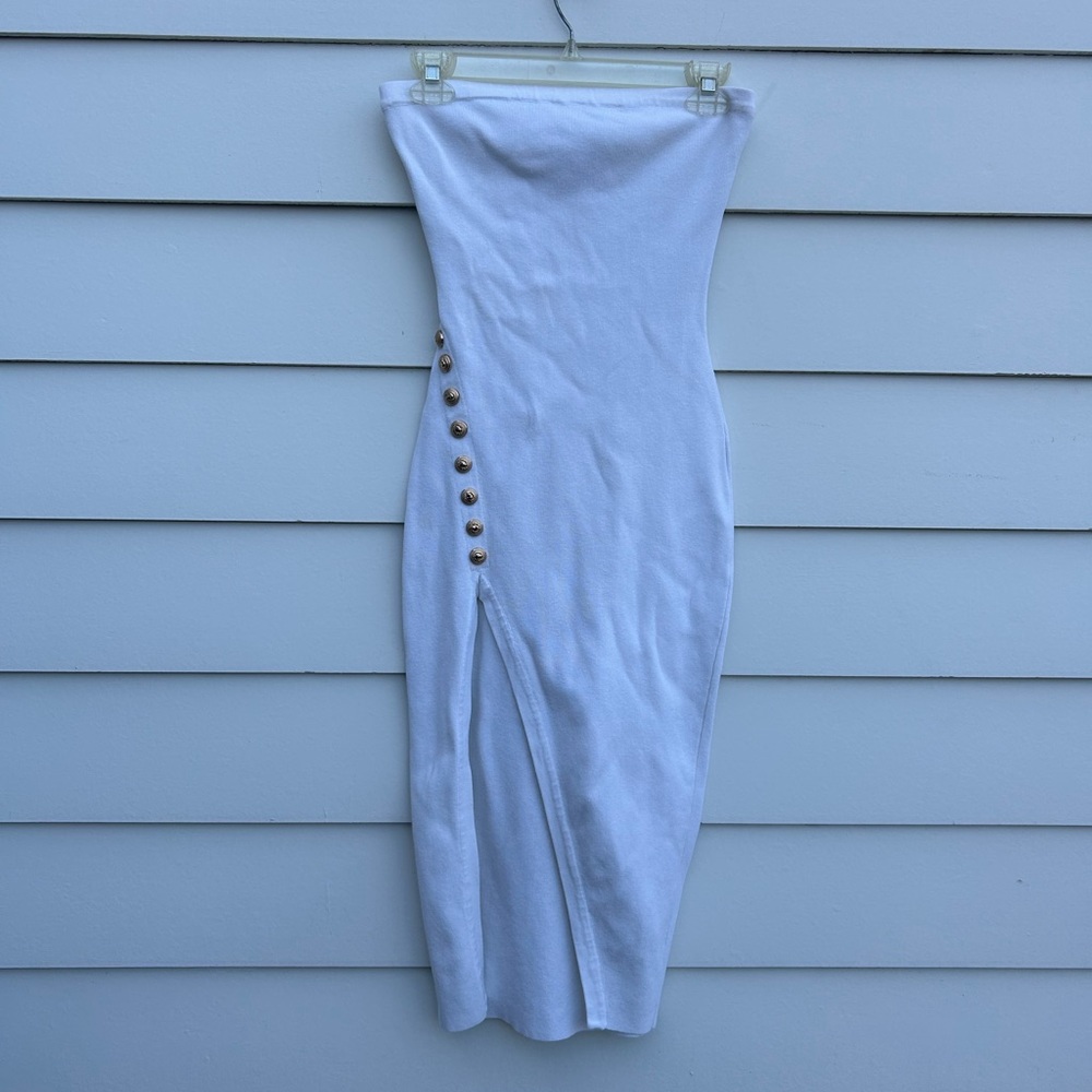 Hera Collection White Strapless Dress with Button Detail